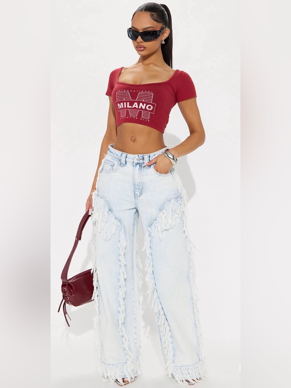 Fashion Nova Light Wash Fringe Wide-Leg Jeans